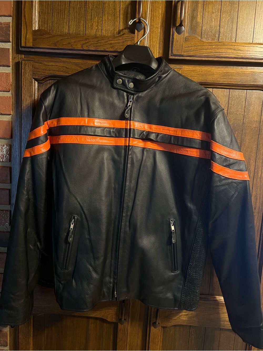 Biker’s Black Leather Motorcycle Jacket Orange Stripes Men’s Large